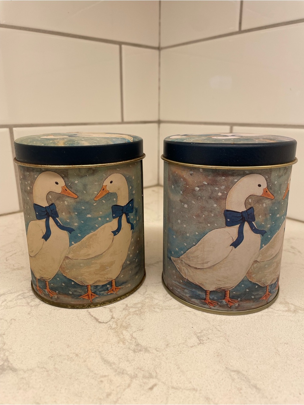 Country Goose Tin Canisters - Blue Accents - set of 2